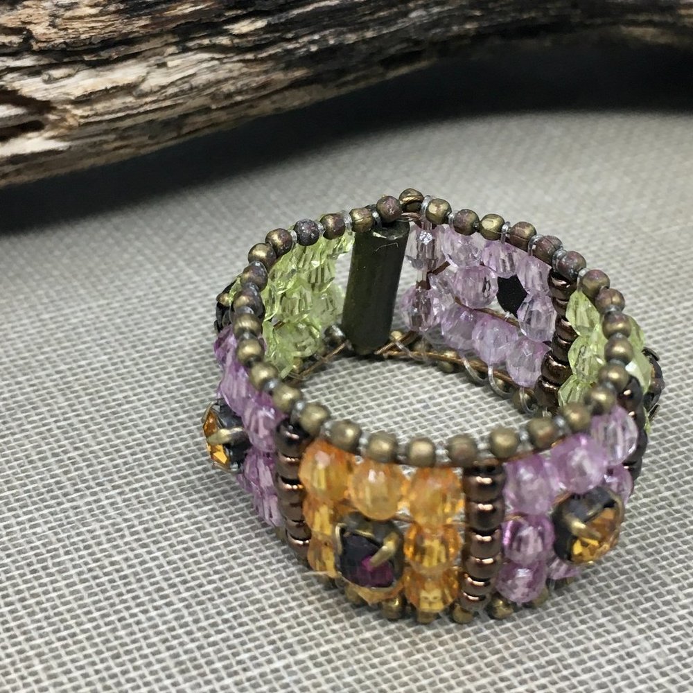 Woven Rhinestone Acrylic Crystals Brass Dark Copper Seed Bead Wire Wrapped Ring